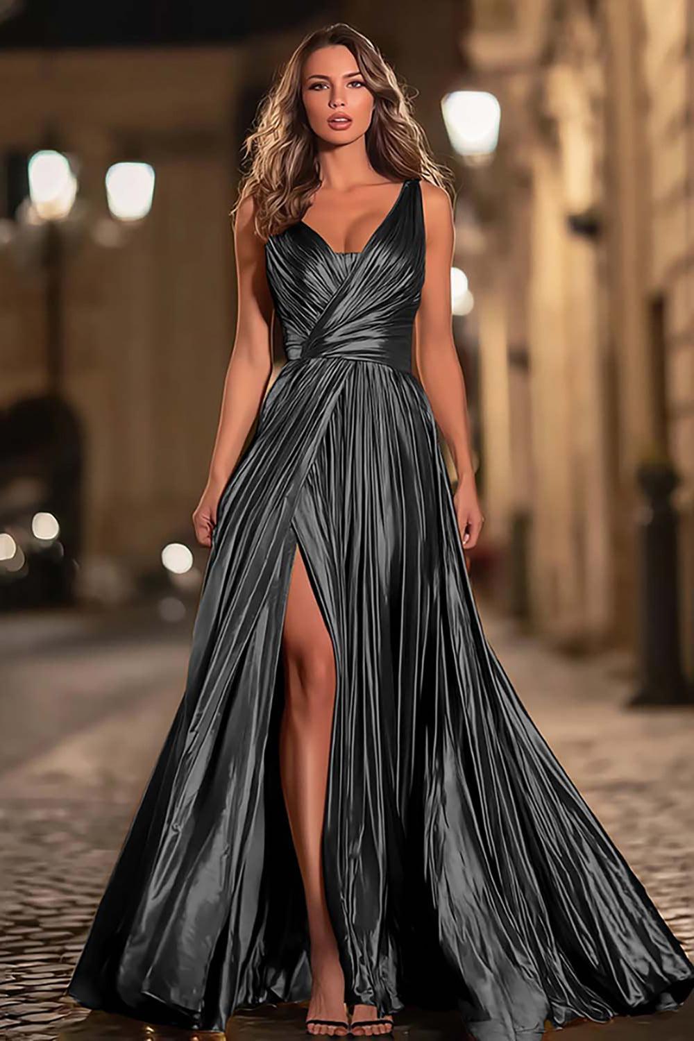 Dressystars Elegant Gold Metallic Pleated V-Neck A-Line Long Prom Dress With Slit