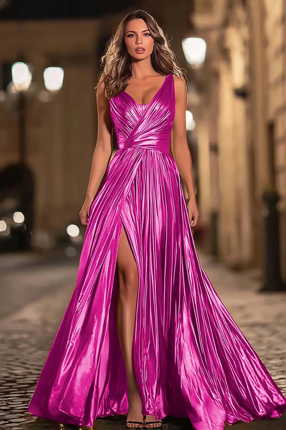 Dressystars Elegant Gold Metallic Pleated V-Neck A-Line Long Prom Dress With Slit