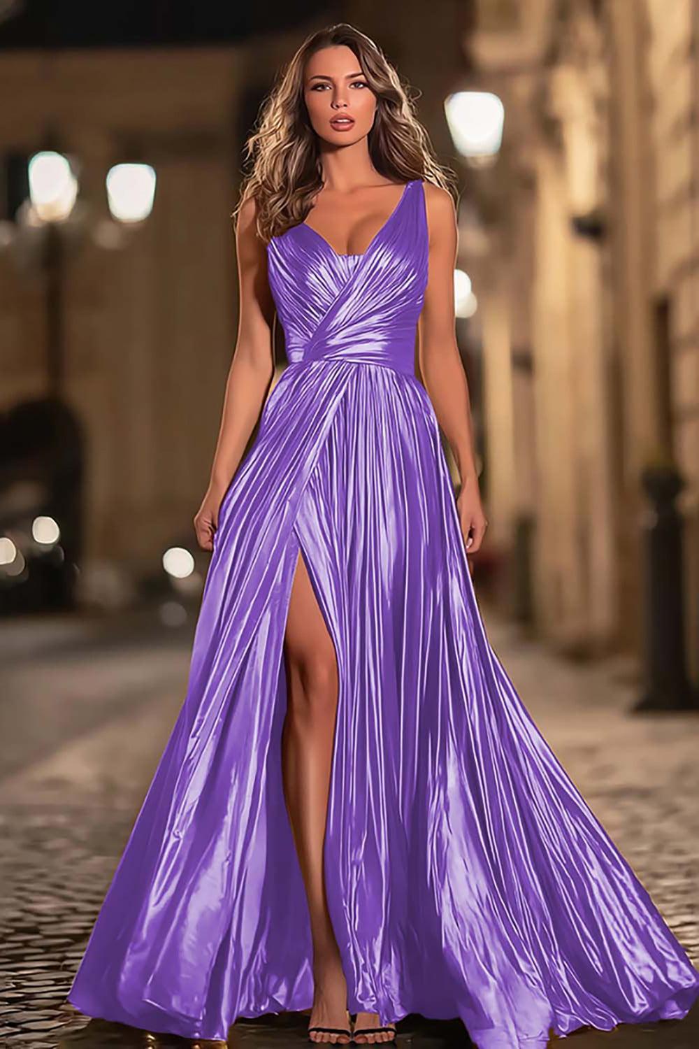 Dressystars Elegant Gold Metallic Pleated V-Neck A-Line Long Prom Dress With Slit