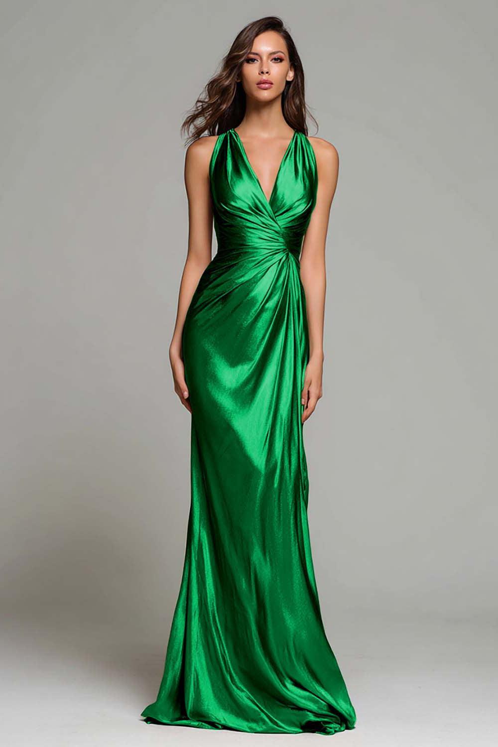 Dressystars Elegant Gold Ruched V-Neck Mermaid Long Metallic Prom Dress
