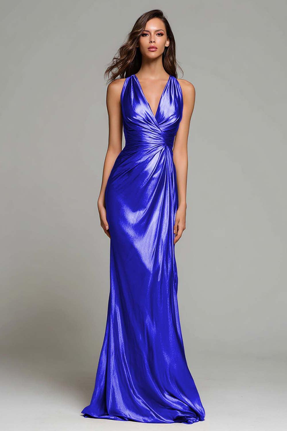 Dressystars Elegant Gold Ruched V-Neck Mermaid Long Metallic Prom Dress