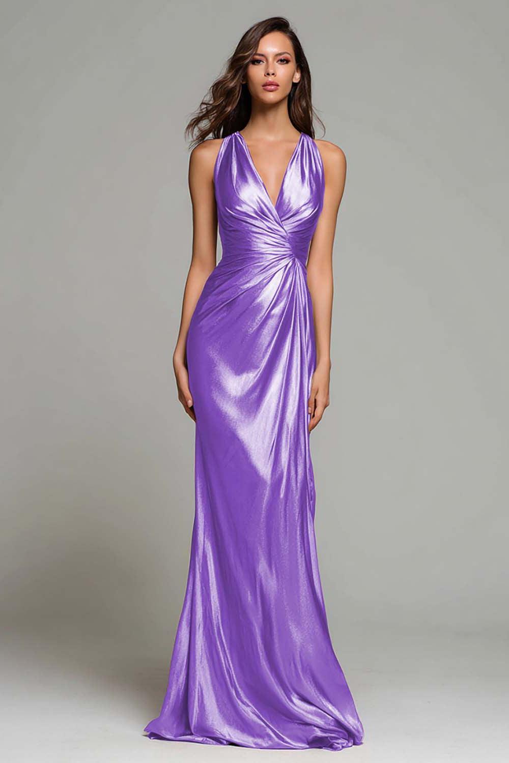 Dressystars Elegant Gold Ruched V-Neck Mermaid Long Metallic Prom Dress