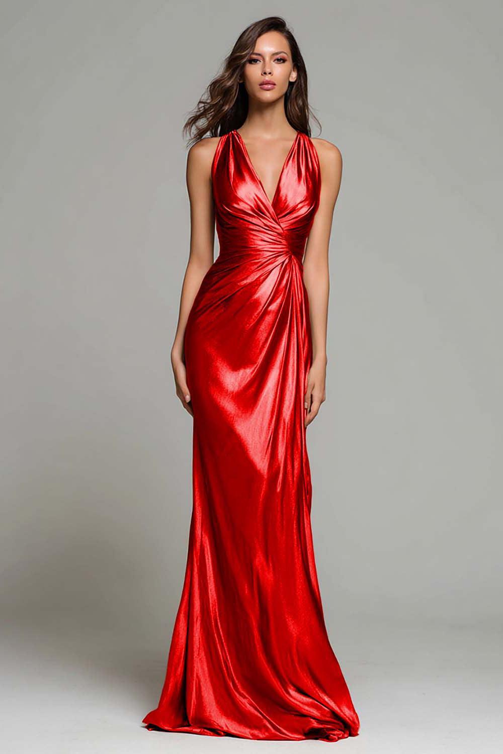 Dressystars Elegant Gold Ruched V-Neck Mermaid Long Metallic Prom Dress
