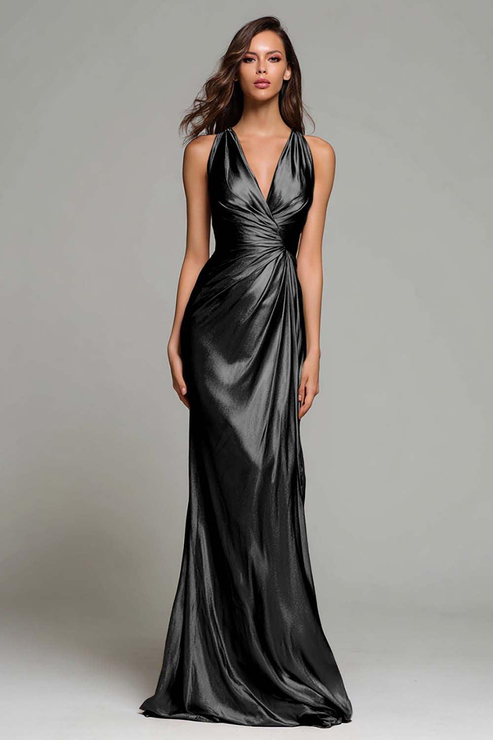 Dressystars Elegant Gold Ruched V-Neck Mermaid Long Metallic Prom Dress
