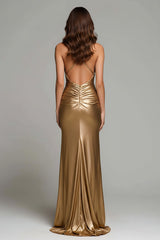 Dressystars Elegant Gold Ruched V-Neck Mermaid Long Metallic Prom Dress