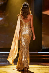 Dressystars Elegant Gold Sequin One Shoulder Long Pageant Dress With Side Cape