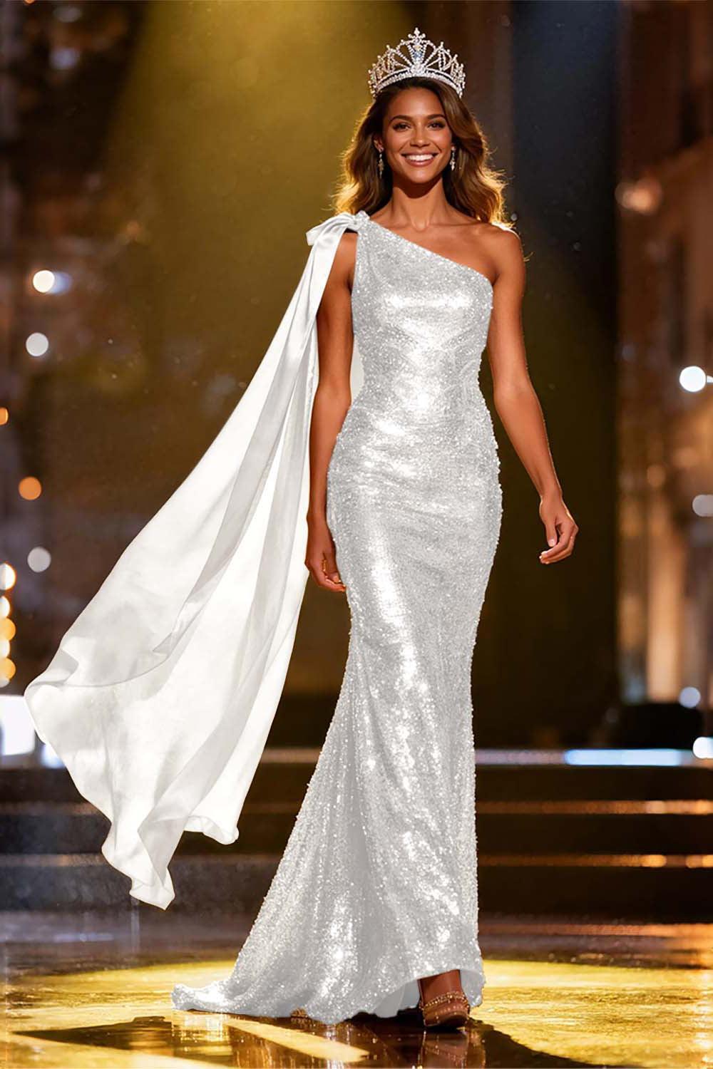 Dressystars Elegant Gold Sequin One Shoulder Long Pageant Dress With Side Cape
