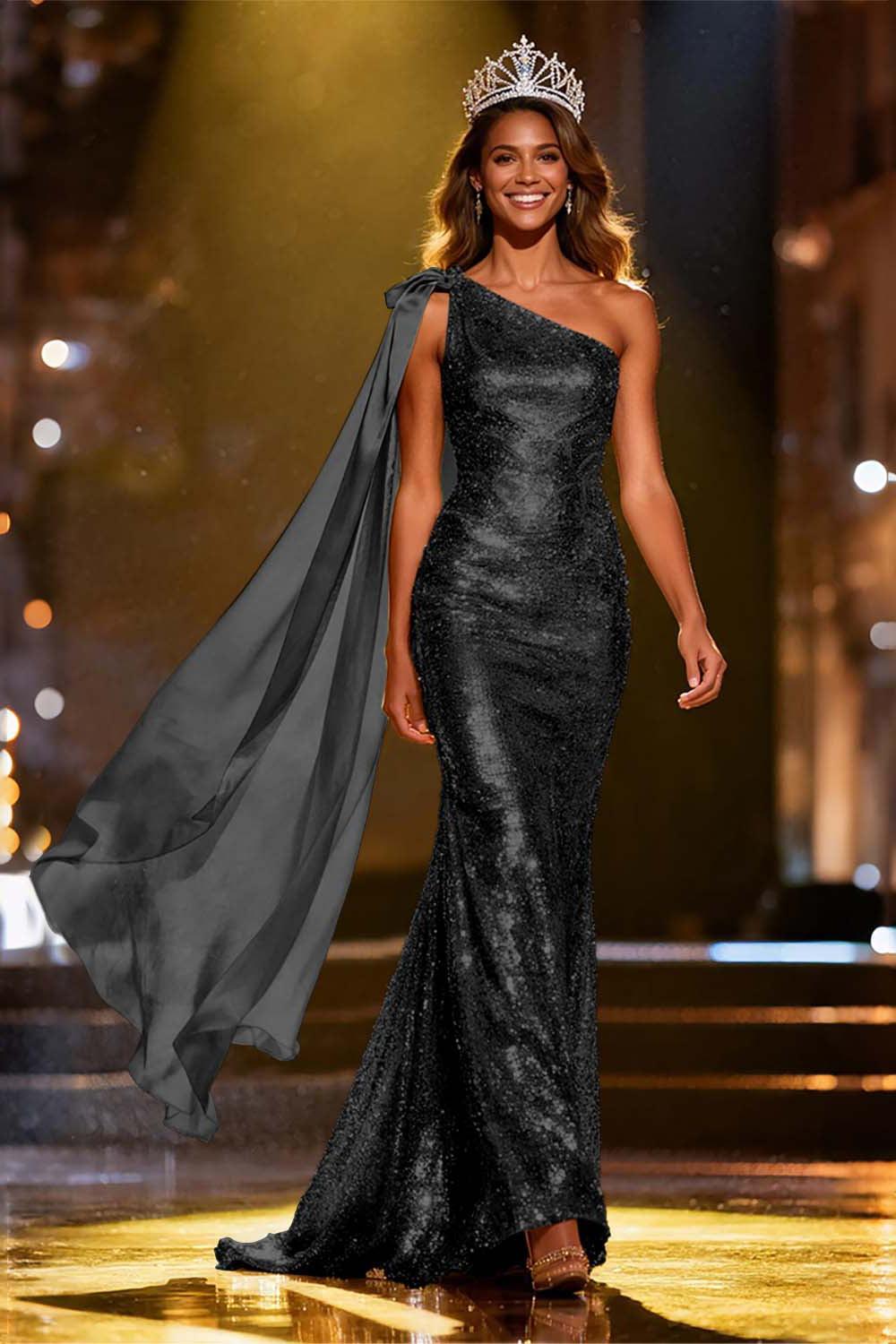 Dressystars Elegant Gold Sequin One Shoulder Long Pageant Dress With Side Cape