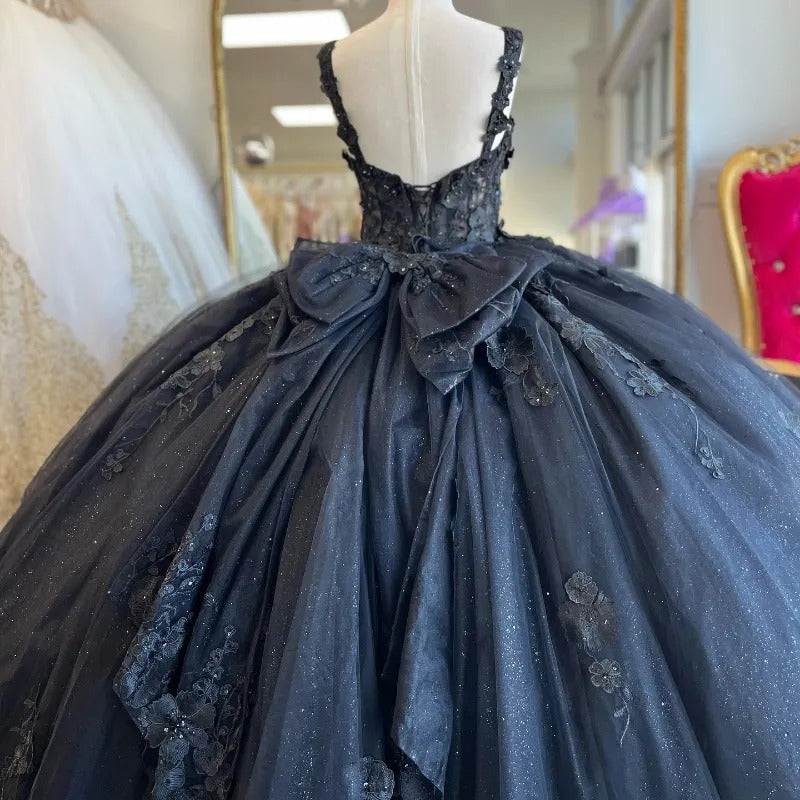 Elegant & Gorgeous Ball Gown Sweetheart Neck Straps 3D Flower Appliques Beaded Navy Blue Tulle Quinceanera Dress Princess Birthday Party Dress For Sweet 16