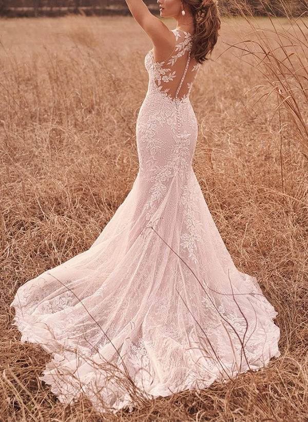 Elegant Lace/Tulle Wedding Dress with Trumpet/Mermaid Illusion Neck