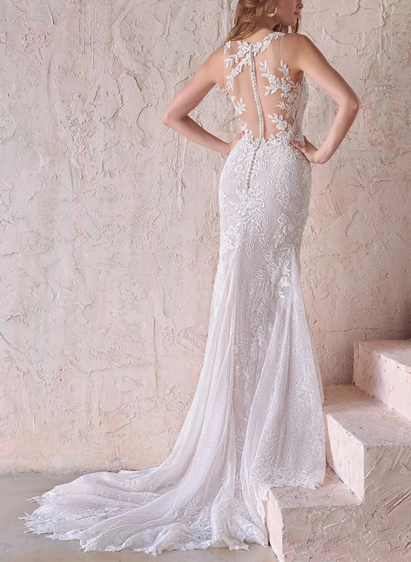 Elegant Lace/Tulle Wedding Dress with Trumpet/Mermaid Illusion Neck