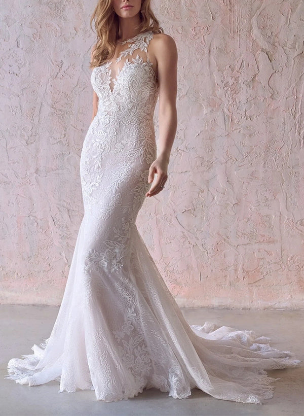 Elegant Lace/Tulle Wedding Dress with Trumpet/Mermaid Illusion Neck