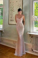 Dressystars Elegant Light Champagne Sequin Bodycon Spaghetti Strap Prom Gown Formal Evening Gown