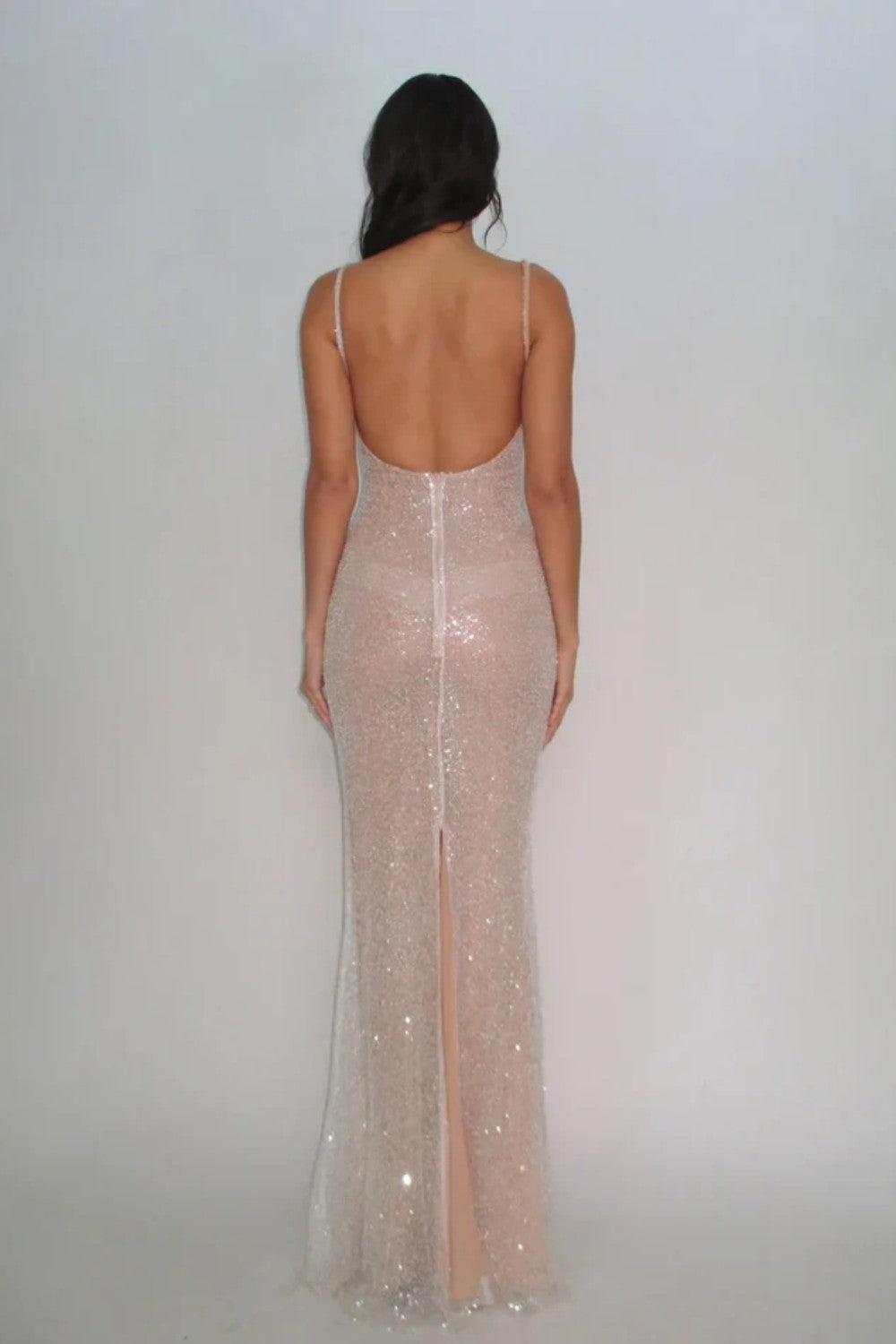 Dressystars Elegant Light Champagne Sequin Bodycon Spaghetti Strap Prom Gown Formal Evening Gown