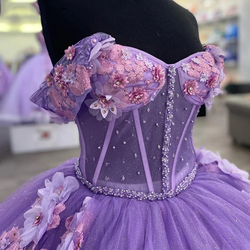 Elegant & Modern Ball Gown Off Shoulder 3D Flowers Lace Appliques Purple Tulle Quinceanera Dress Birthday Party Gown For Sweet 16