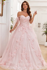 Elegant & Modern Ball Gown Off Shoulder Sleeveless Beaded Flower Appliques Baby Pink Tulle Quinceanera Dress Formal Evening Gown For Sweet 16