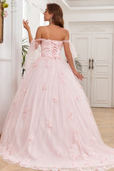 Elegant & Modern Ball Gown Off Shoulder Sleeveless Beaded Flower Appliques Baby Pink Tulle Quinceanera Dress Formal Evening Gown For Sweet 16