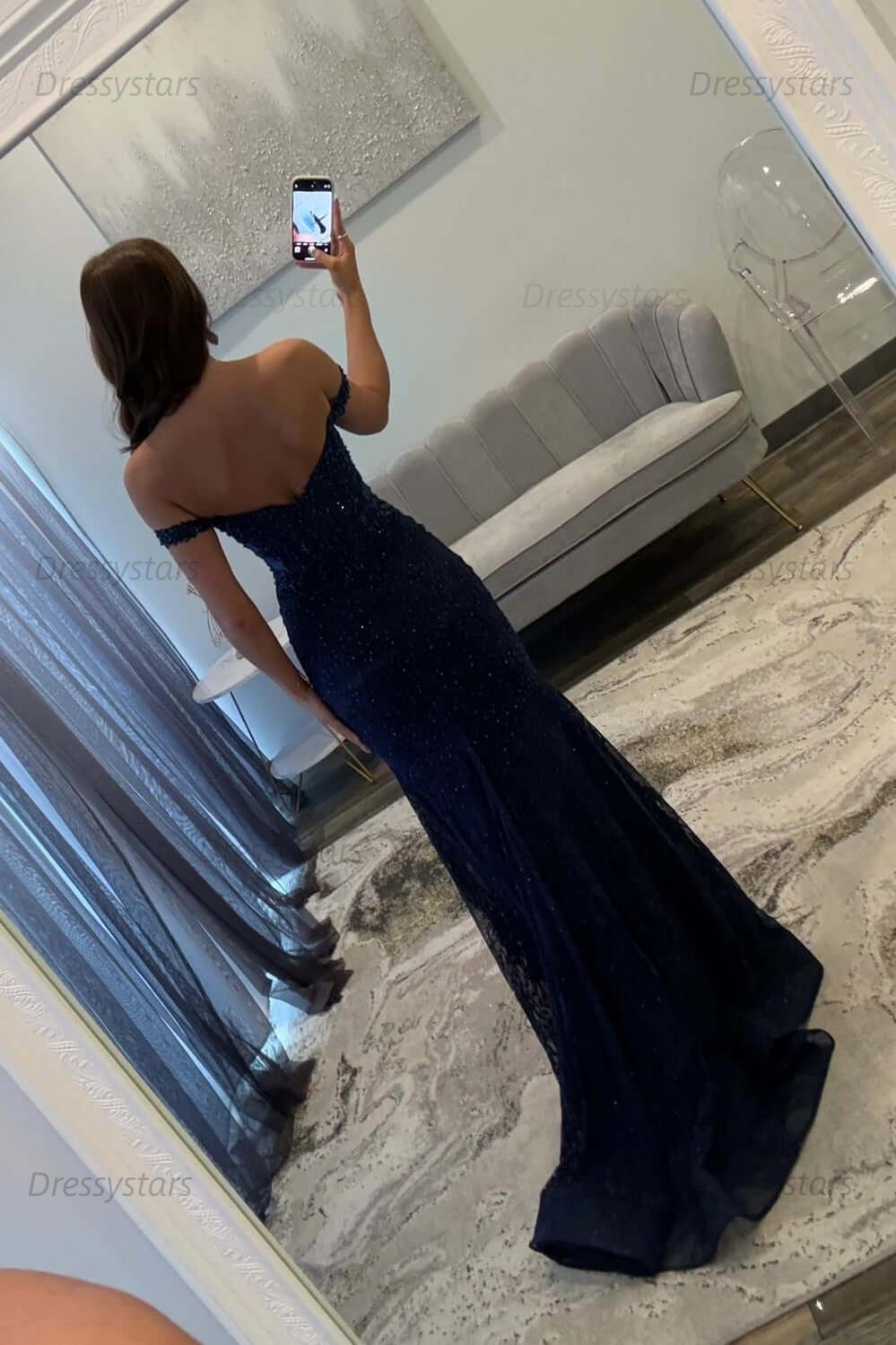 Navy Prom Dress Off The Shoulder Mermaid Long Lace Formal Dress