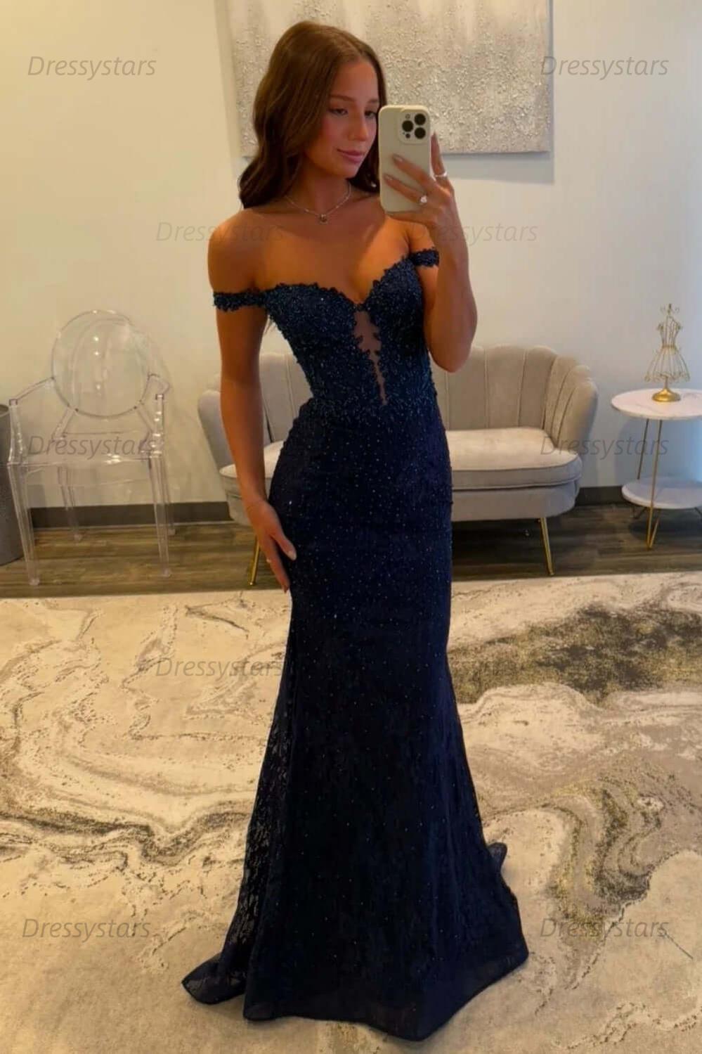 Navy Prom Dress Off The Shoulder Mermaid Long Lace Formal Dress