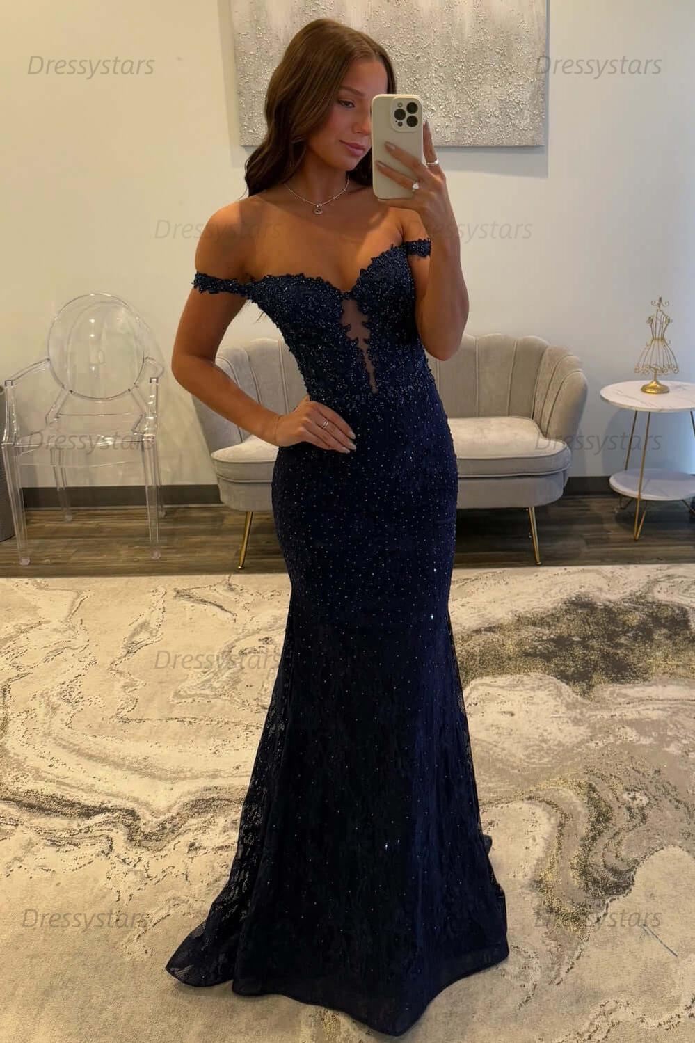 Navy Prom Dress Off The Shoulder Mermaid Long Lace Formal Dress