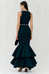 Dressystars Elegant Navy Boat Neck Long Mermaid Prom Dress With Ruffles