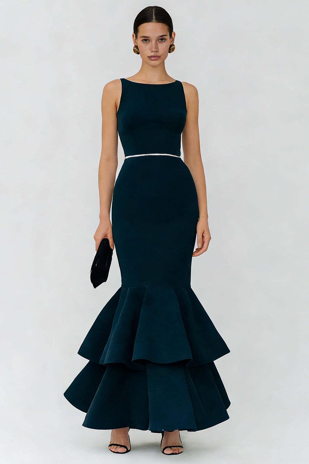 Dressystars Elegant Navy Boat Neck Long Mermaid Prom Dress With Ruffles