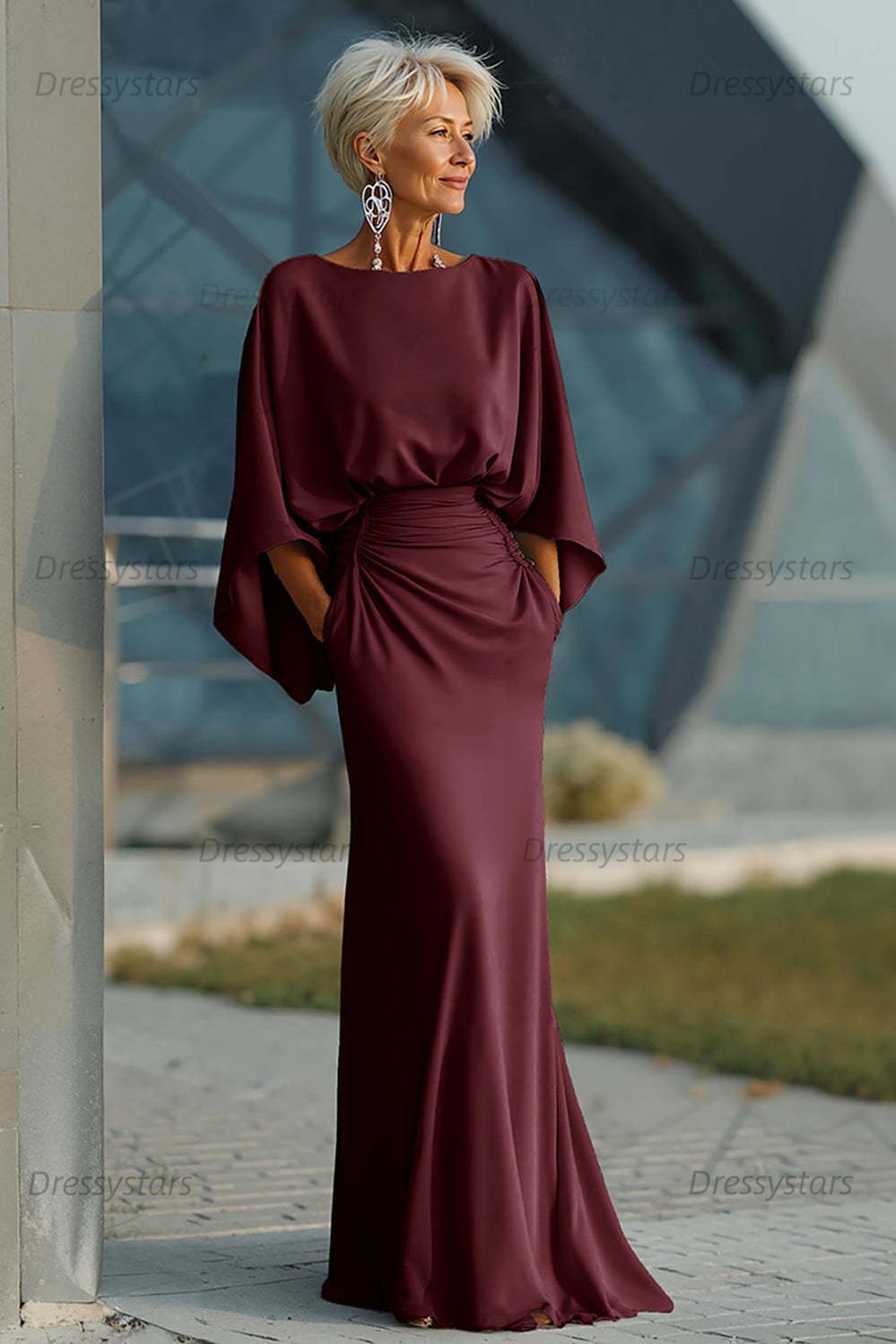 Elegant Navy Satin Mermaid Backless Long Mother Of The Bride Dress With Pockets