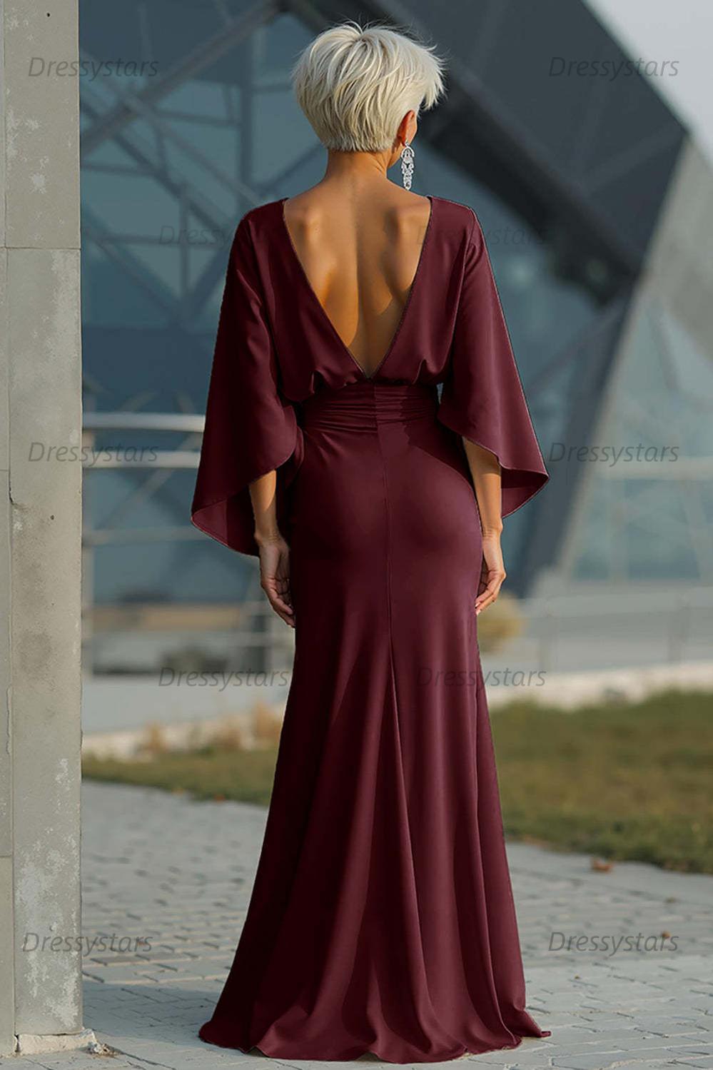 Elegant Navy Satin Mermaid Backless Long Mother Of The Bride Dress With Pockets