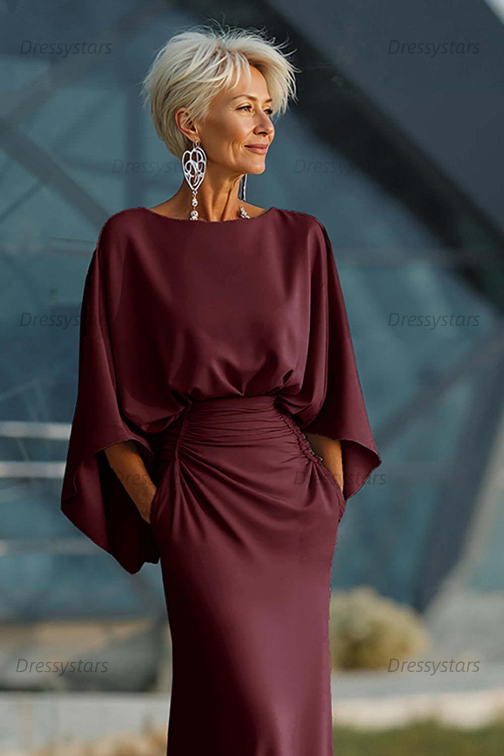 Elegant Navy Satin Mermaid Backless Long Mother Of The Bride Dress With Pockets