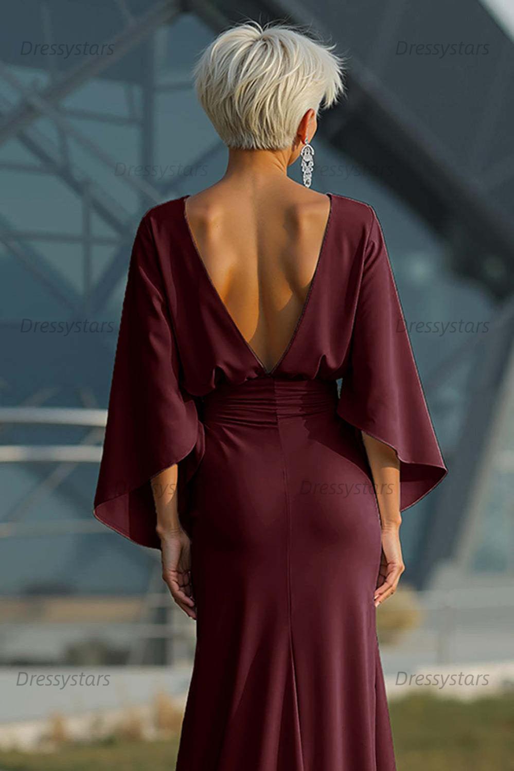Elegant Navy Satin Mermaid Backless Long Mother Of The Bride Dress With Pockets
