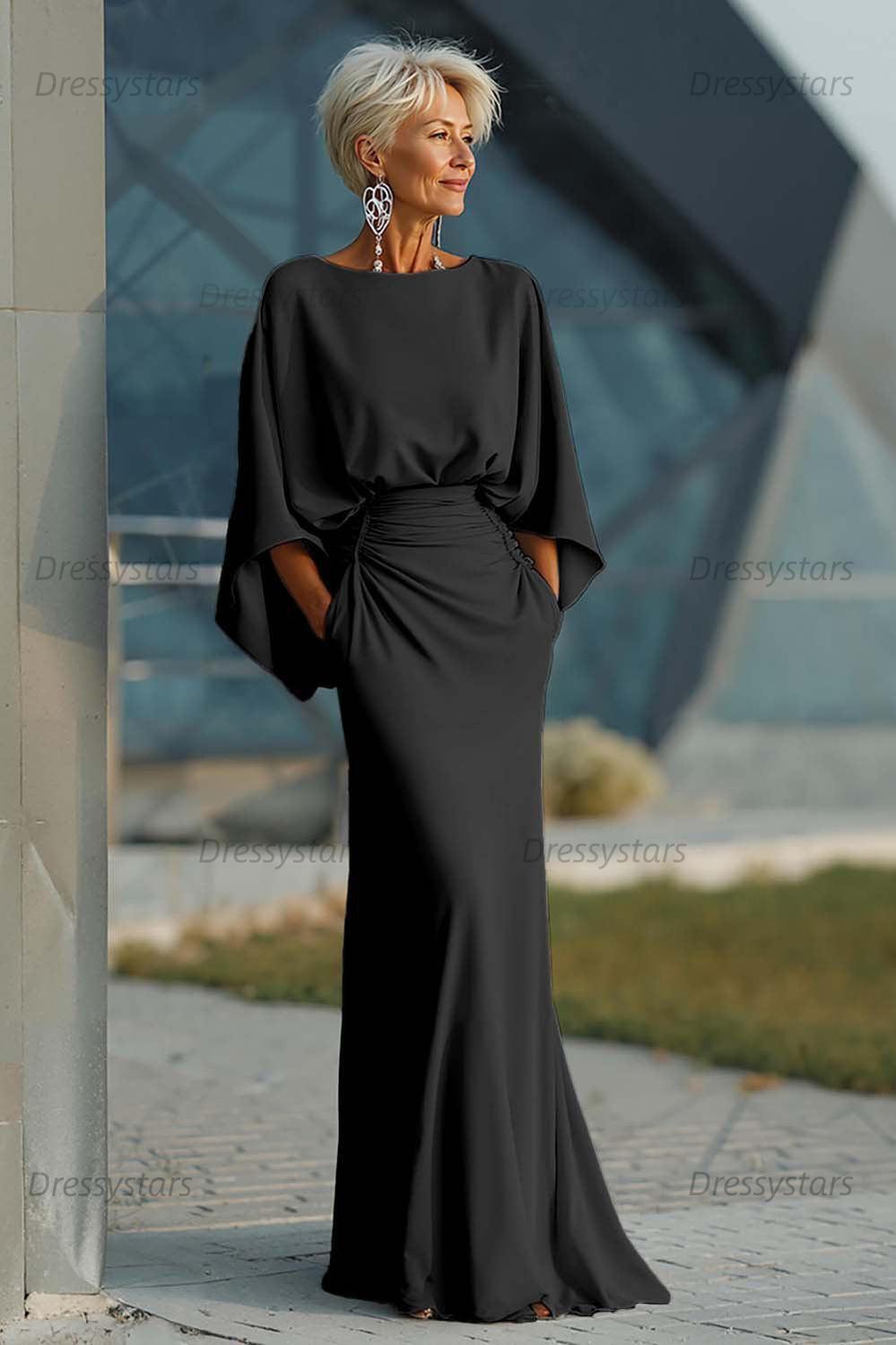 Elegant Navy Satin Mermaid Backless Long Mother Of The Bride Dress With Pockets