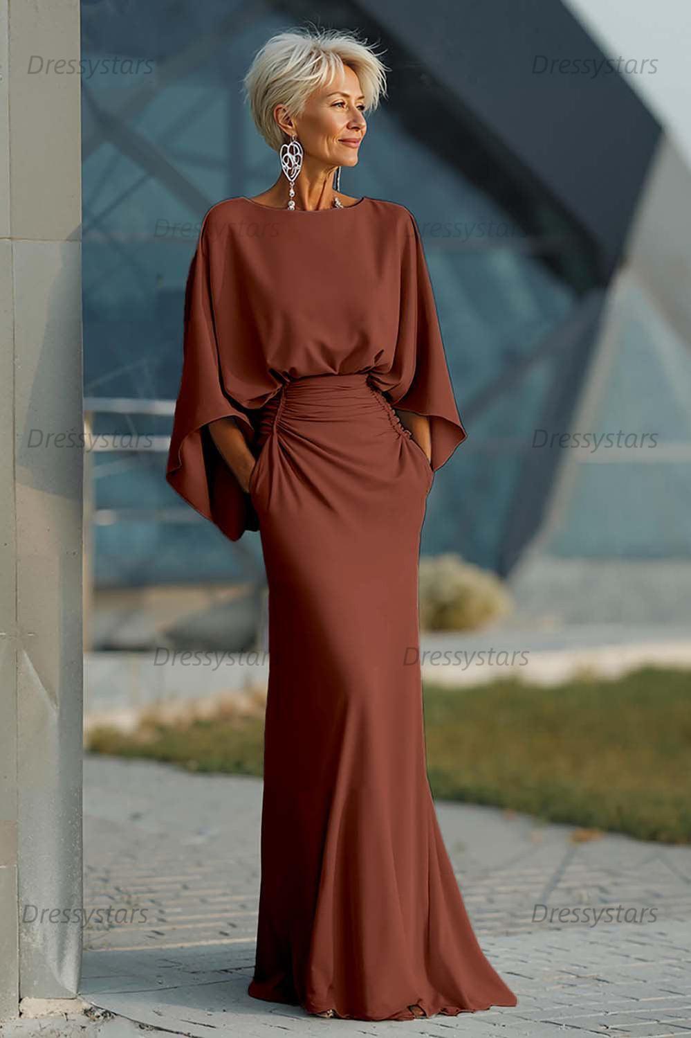 Elegant Navy Satin Mermaid Backless Long Mother Of The Bride Dress With Pockets