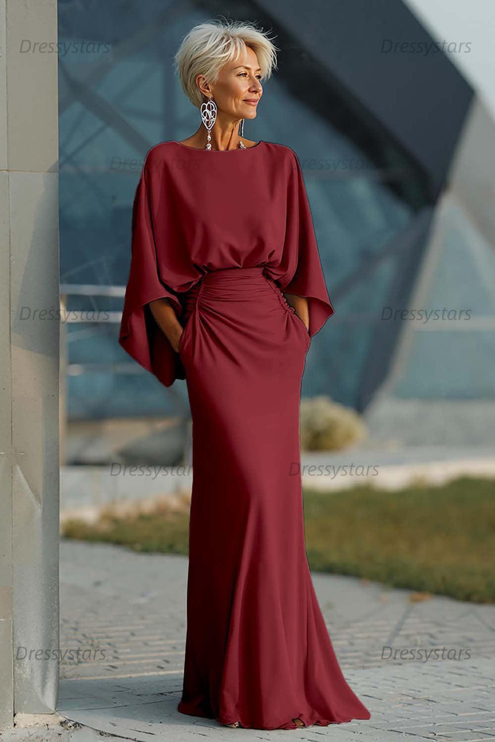 Elegant Navy Satin Mermaid Backless Long Mother Of The Bride Dress With Pockets