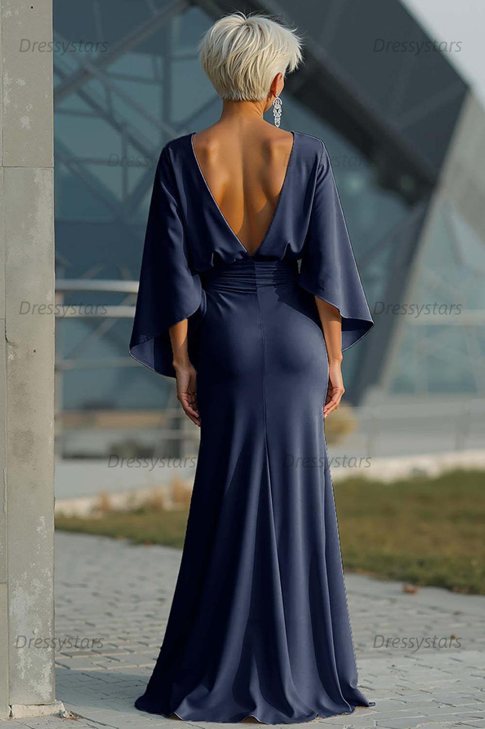 Elegant Navy Satin Mermaid Backless Long Mother Of The Bride Dress With Pockets