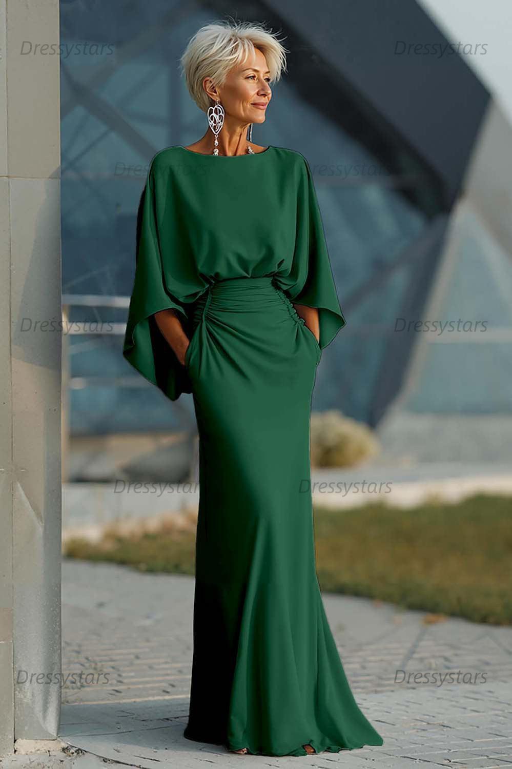 Elegant Navy Satin Mermaid Backless Long Mother Of The Bride Dress With Pockets