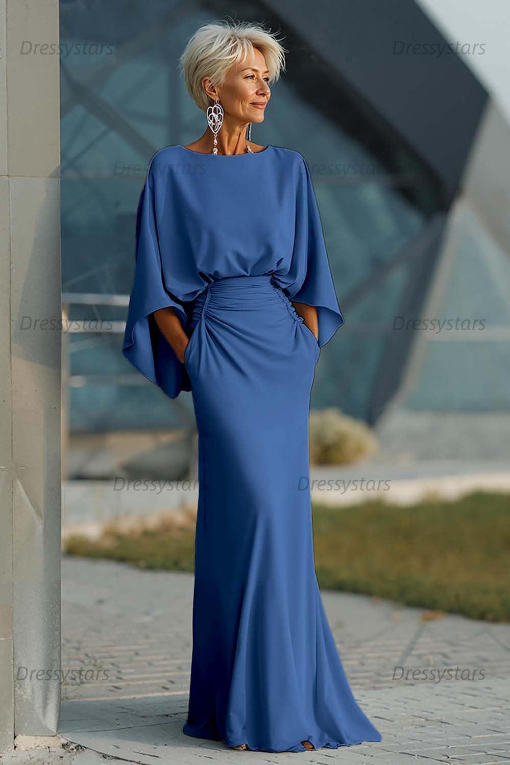 Elegant Navy Satin Mermaid Backless Long Mother Of The Bride Dress With Pockets