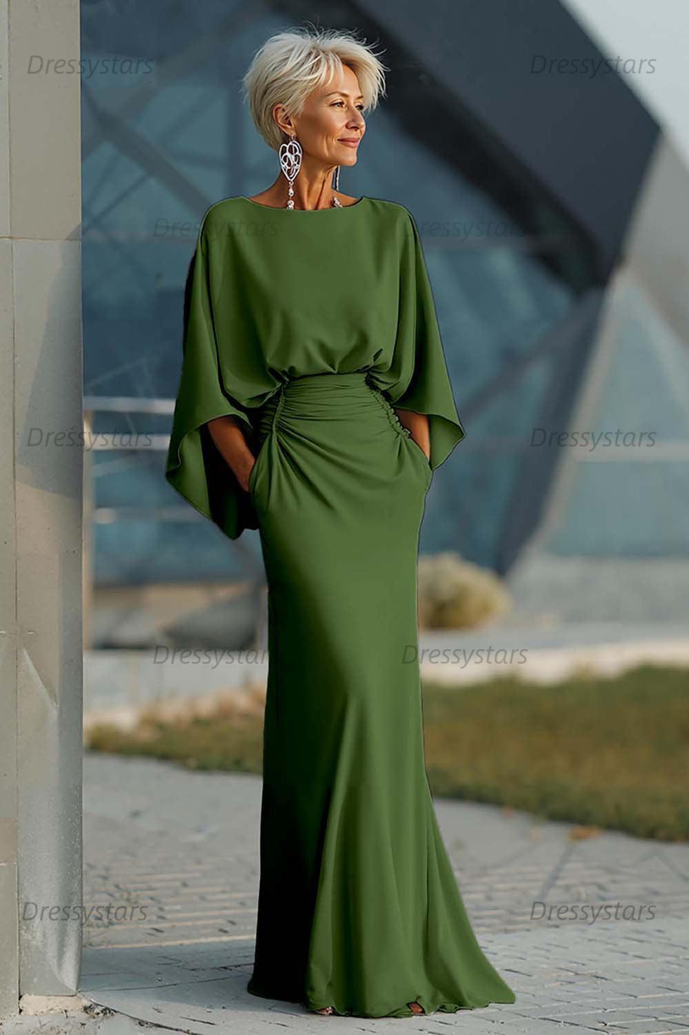 Elegant Navy Satin Mermaid Backless Long Mother Of The Bride Dress With Pockets