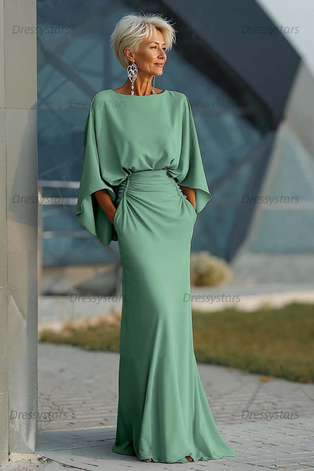 Elegant Navy Satin Mermaid Backless Long Mother Of The Bride Dress With Pockets
