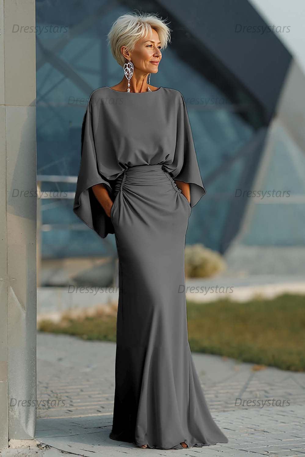 Elegant Navy Satin Mermaid Backless Long Mother Of The Bride Dress With Pockets