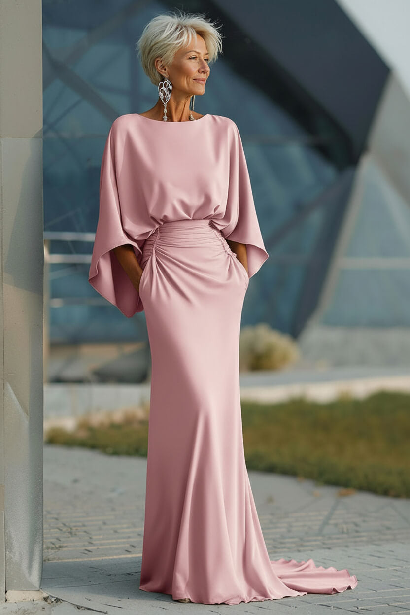 Elegant Navy Satin Mermaid Backless Long Mother Of The Bride Dress With Pockets