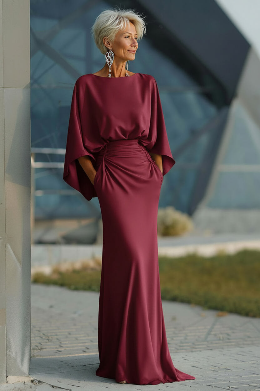 Elegant Navy Satin Mermaid Backless Long Mother Of The Bride Dress With Pockets