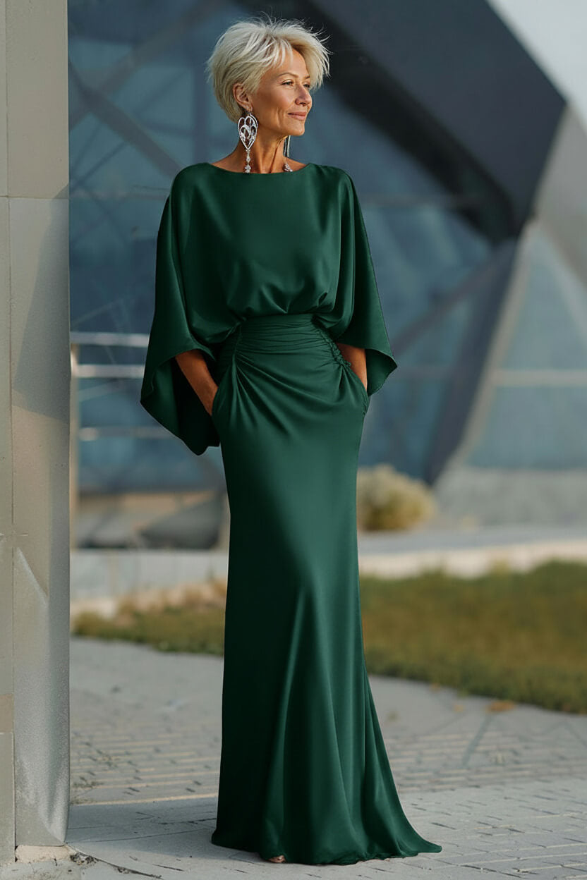 Elegant Navy Satin Mermaid Backless Long Mother Of The Bride Dress With Pockets