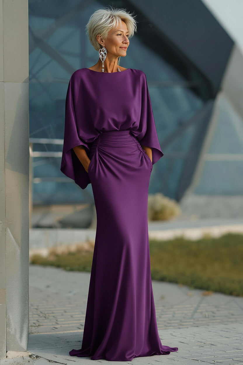 Elegant Navy Satin Mermaid Backless Long Mother Of The Bride Dress With Pockets