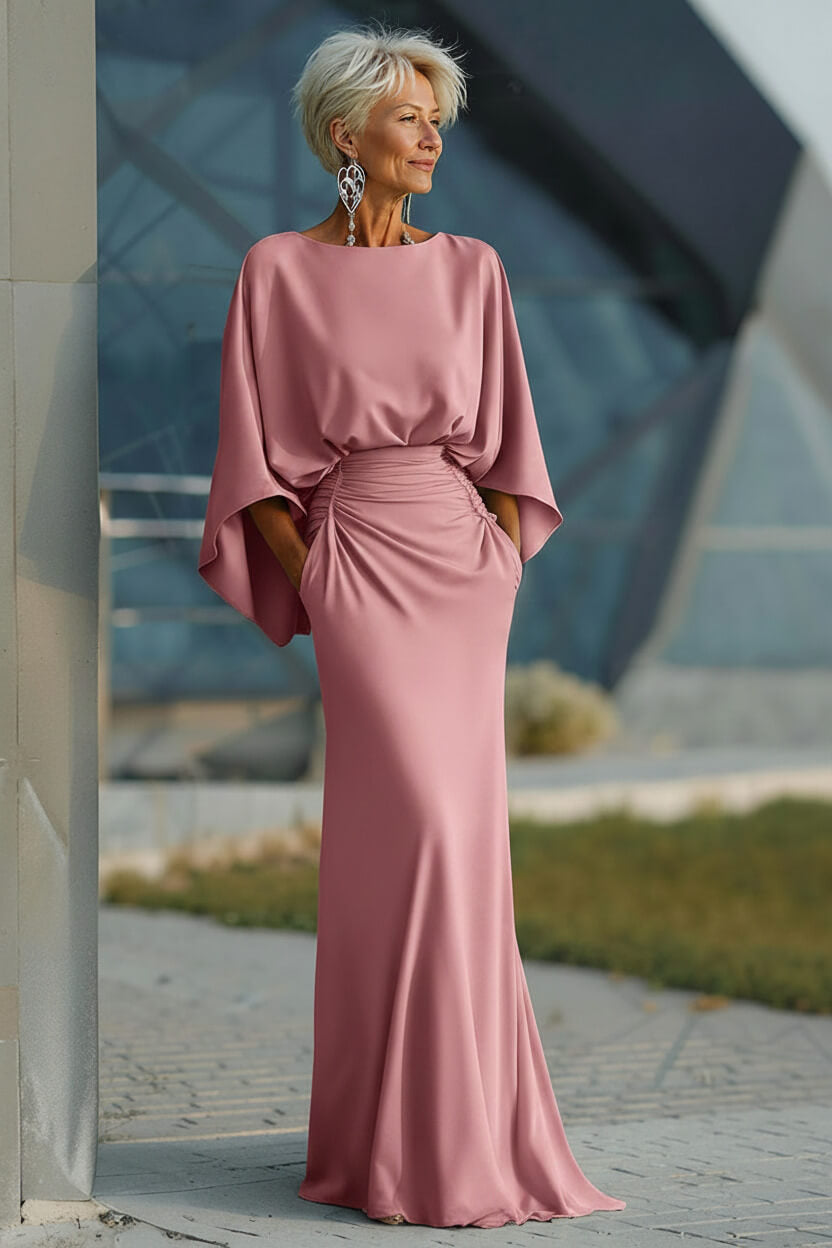 Elegant Navy Satin Mermaid Backless Long Mother Of The Bride Dress With Pockets
