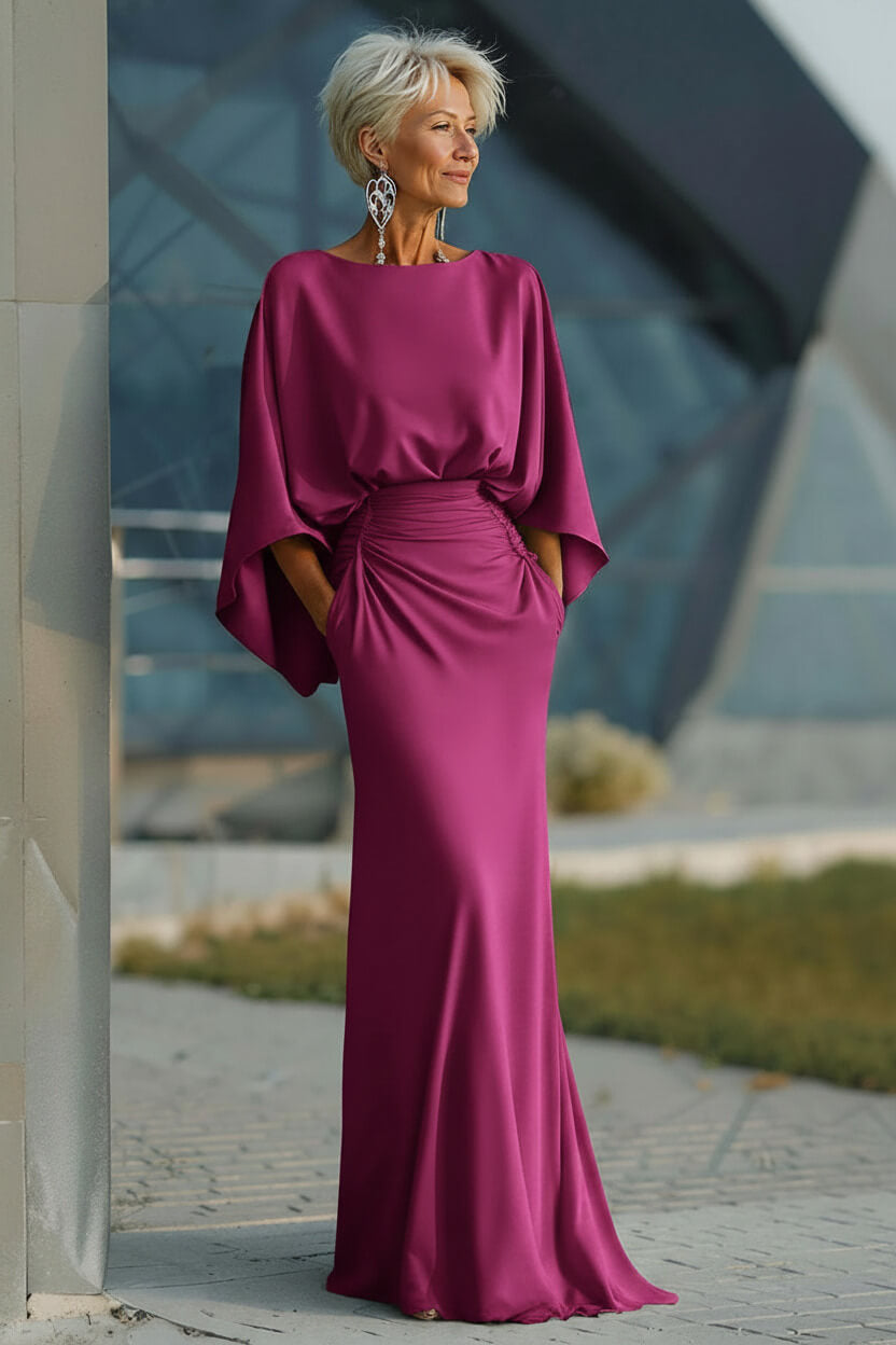Elegant Navy Satin Mermaid Backless Long Mother Of The Bride Dress With Pockets