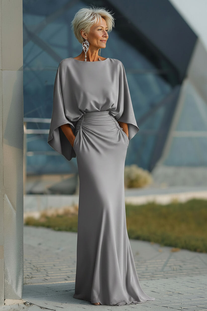 Elegant Navy Satin Mermaid Backless Long Mother Of The Bride Dress With Pockets