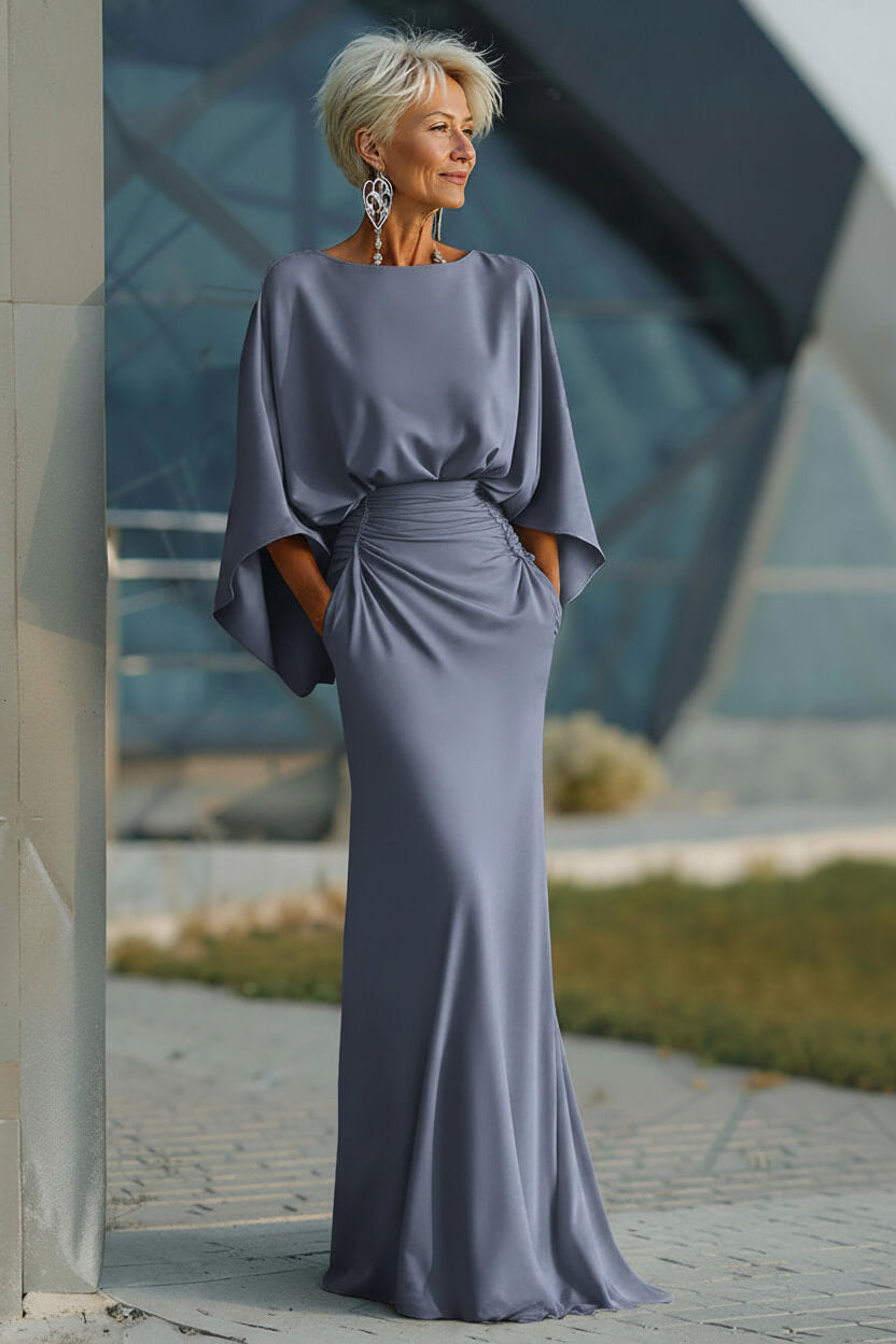 Elegant Navy Satin Mermaid Backless Long Mother Of The Bride Dress With Pockets