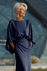 Elegant Navy Satin Mermaid Backless Long Mother Of The Bride Dress With Pockets