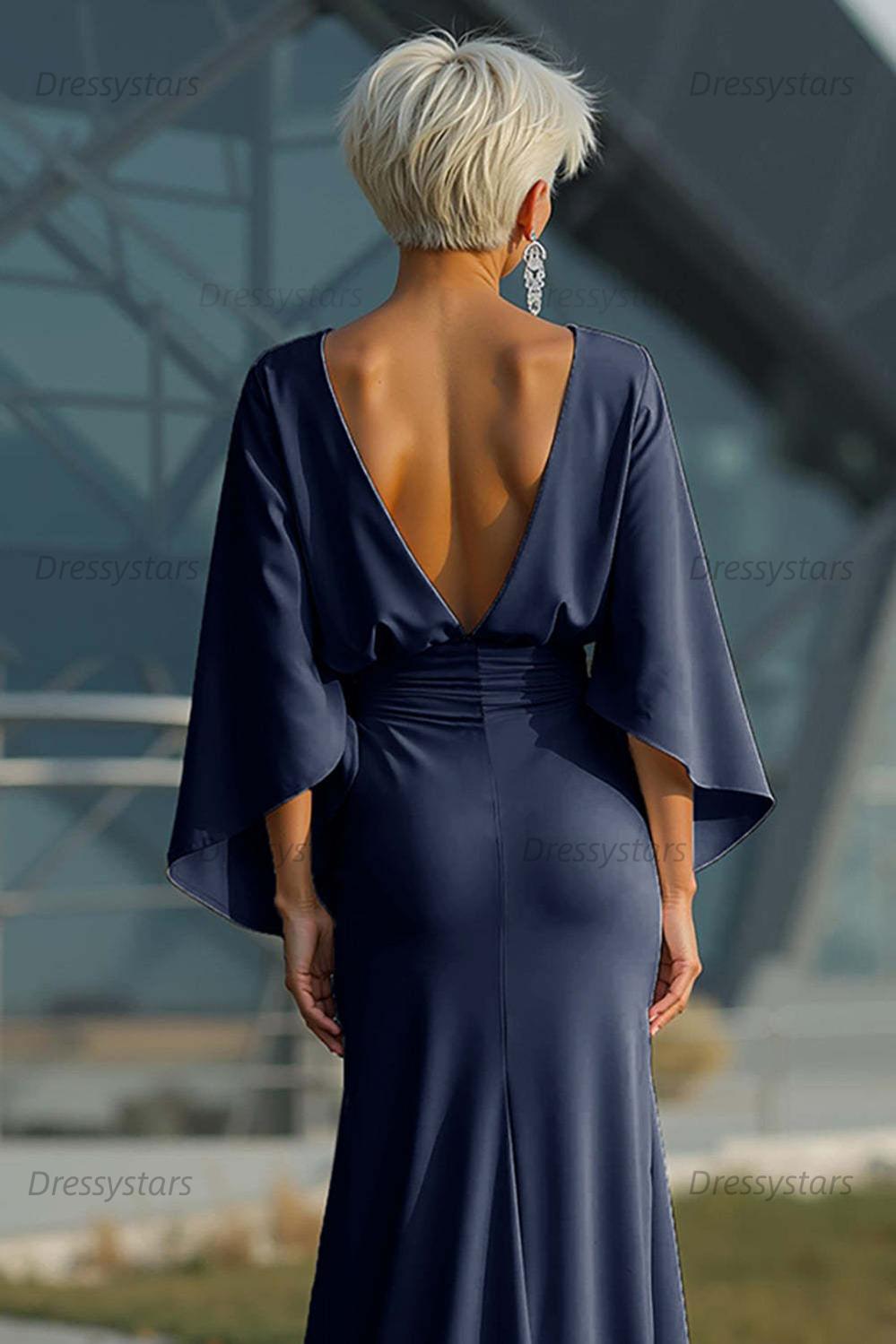 Elegant Navy Satin Mermaid Backless Long Mother Of The Bride Dress With Pockets