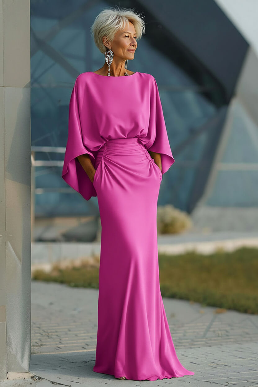 Elegant Navy Satin Mermaid Backless Long Mother Of The Bride Dress With Pockets